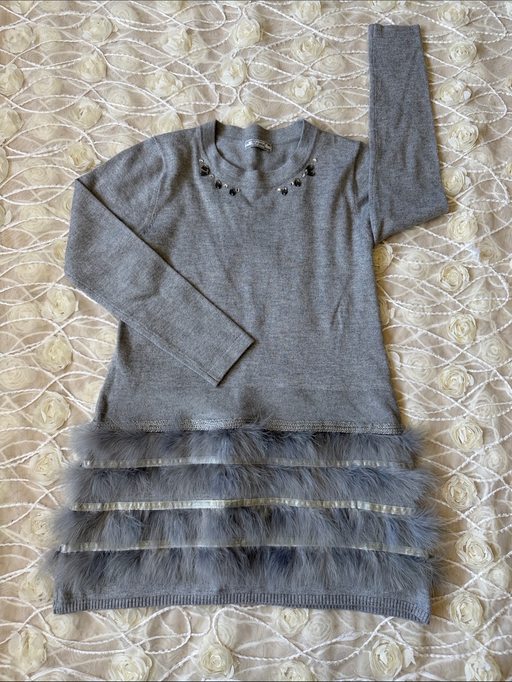 Mayoral Gray Knit Dress with Faux Fur Tiered Hem and Beaded Neckline